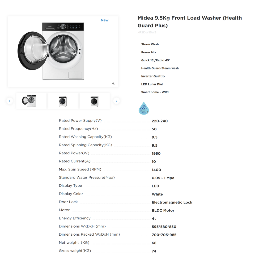 MIDEA MF210W95WB 9.5KG FRONT LOAD WASHER