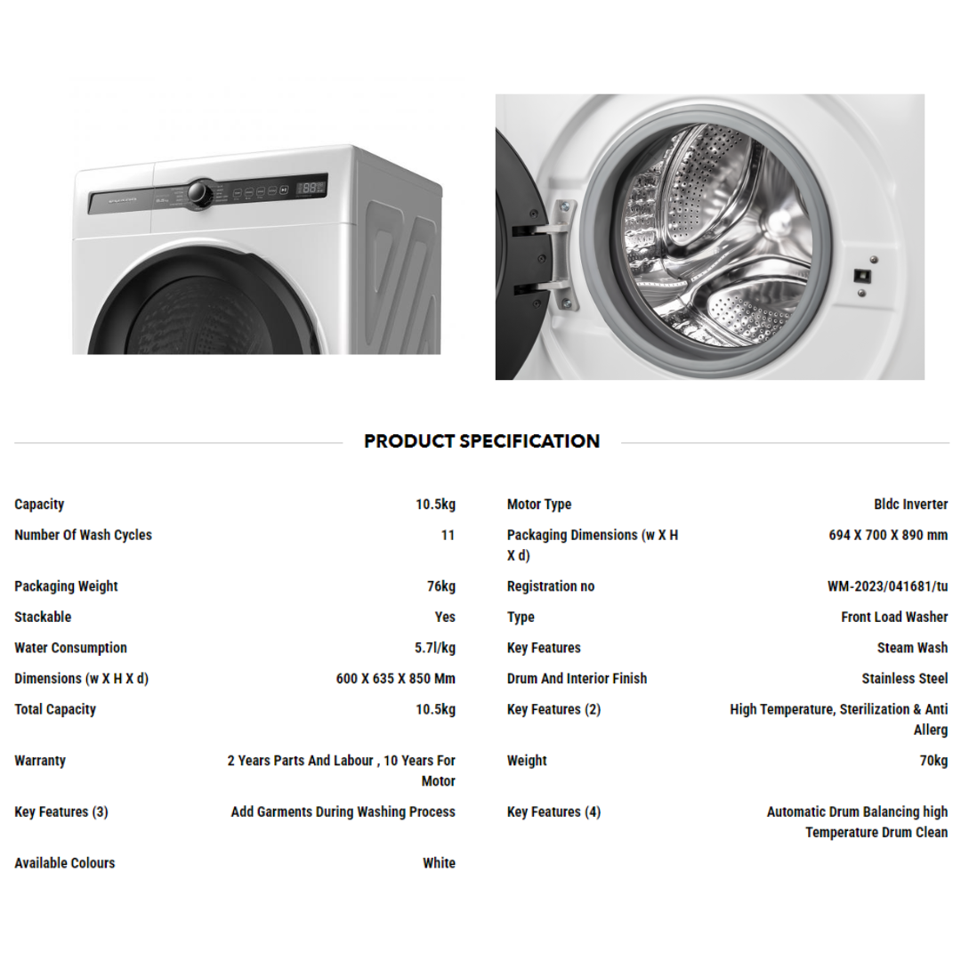 SHARP ES-FH105BG-W 10.5KG WHITE FRONT LOAD WASHER