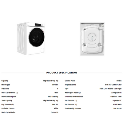 SHARP ES-FW914D6 9KG FRONT LOAD WASHER CUM DRYER