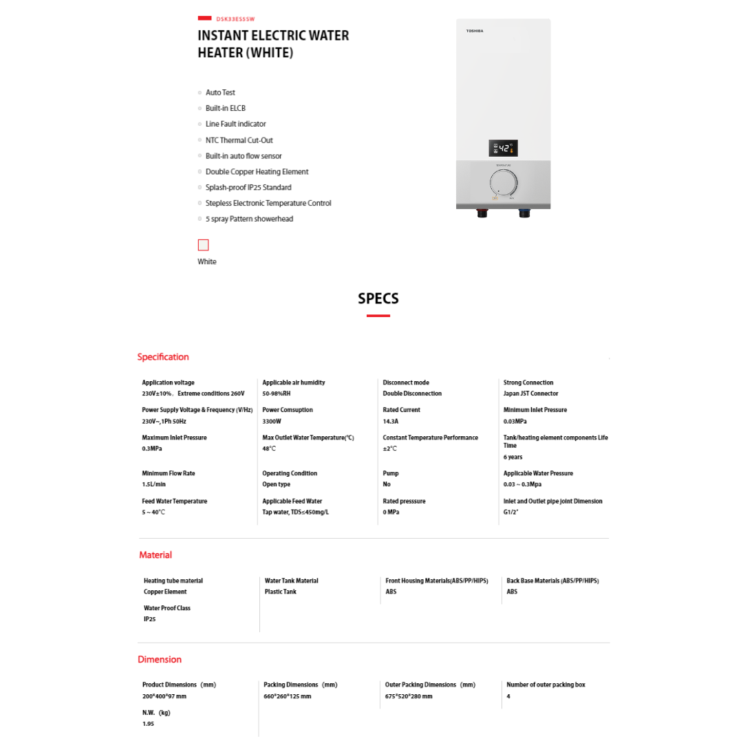 TOSHIBA DSK33ES5SW INSTANT DIGITAL WATER HEATER WITH LED